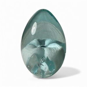 Vintage Bubble-Blown Art Glass Egg Paperweight with White Flower